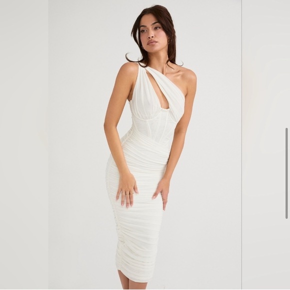 House of CB Valentina Ivory Asymmetric Cutout Midi Dress - Picture 5 of 9